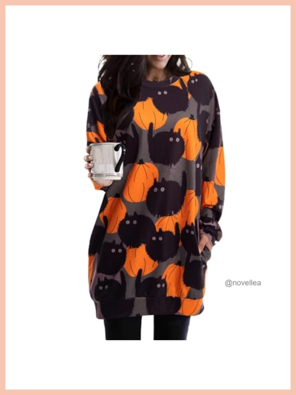 Women's Halloween Pumpkin Cat Sweatshirt Crewneck Long Sleeve Tunic Pullover